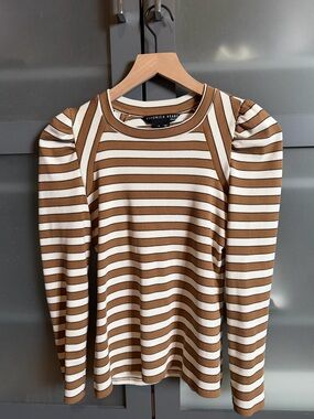 Veronica Beard Brown and Cream Striped Puff-Sleeve Knit Top